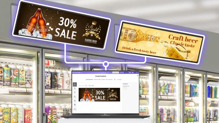 An aisle of refrigerated drinks in a retail store has two pieces of signage mounted above the fridge doors, displaying ads and promos for beer. The displays are linked to an LG gram laptop, which is displaying LG Business Cloud software.