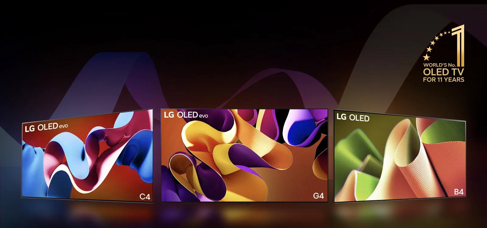 Assortment of LG TVs. Text: C4, G4, B4. World's no 1 OLED TV for 11 years logo.