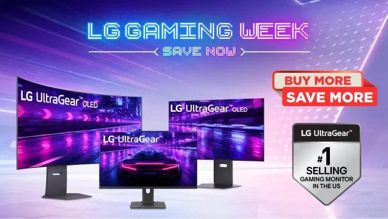 LG UltraGear OLED and evo AI monitors with LG Gaming Week promotional banner with a Buy More Save More, Buy 2 get an extra 5% off., and LG UltraGear is the #1 selling gaming monitor in the US badges.