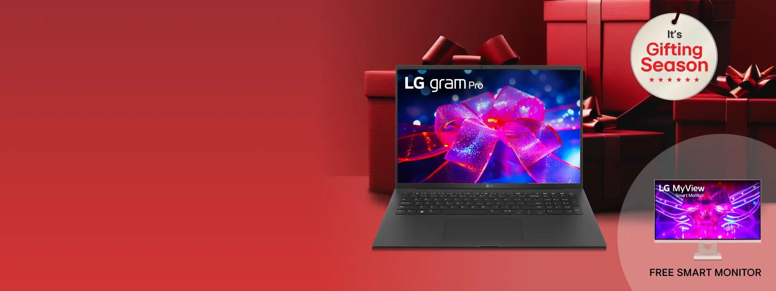 “It’s Gifting Season” badge. LG gram Pro Laptop appears in front of a graphic of a group or red gift boxes. “Free Smart Monitor” and MyView image pop-out appears beside laptop.