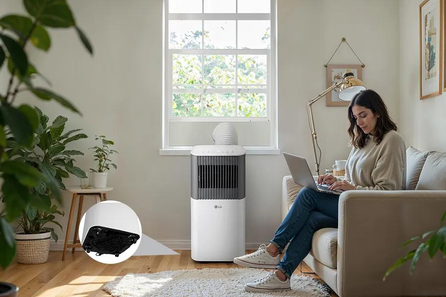 Bring your LG Portable Air Conditioner anywhere you need it with the easy to roll caster wheels.
