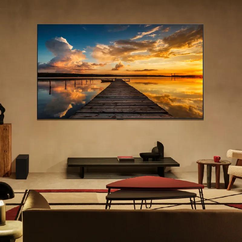 Wall-mounted TV in a living room.