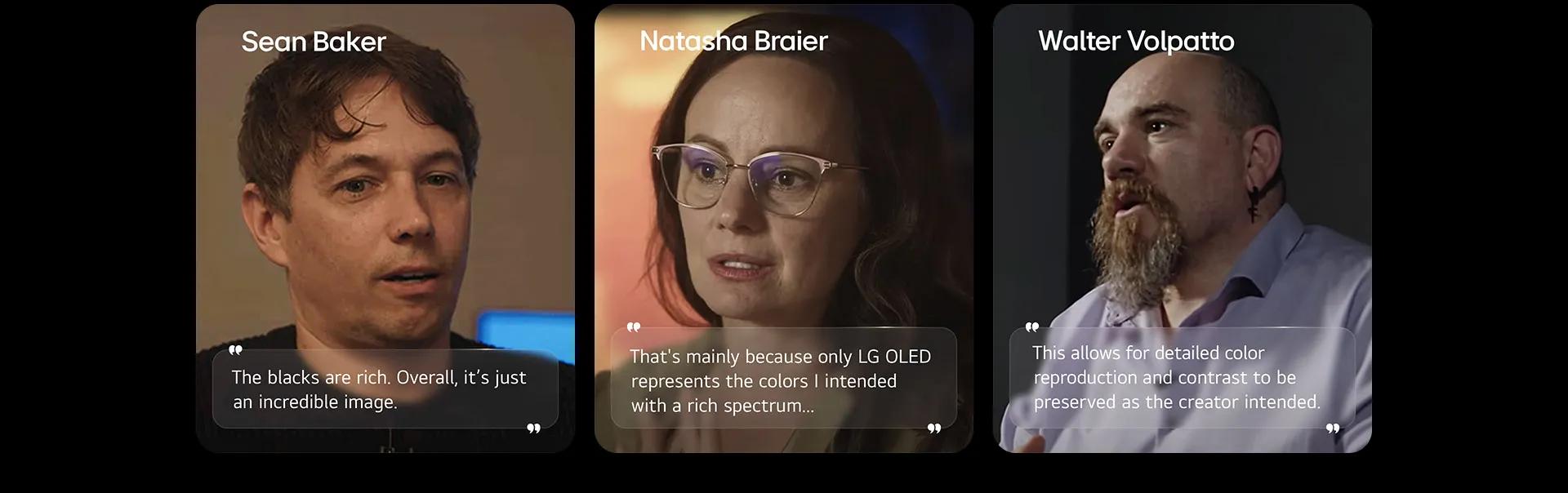 LG OLED TV for watching movies highlights its black performance, supported by an interview with Sean Baker, showing how deep black levels enhance overall image quality. LG OLED TV for watching movies highlights its color performance, supported by an interview with Natasha Braier, showing how precise color and visuals reflect cinematic color intent. LG OLED TV for watching movies highlights picture quality performance, supported by an interview with Walter Volpatto, showing how detailed color reproduction and contrast preserve the creator's intended image.