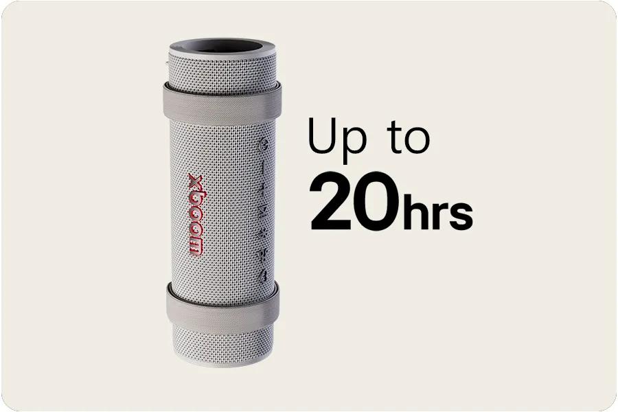 Image of the xboom Grab in warm grey showing the max battery hours of playback