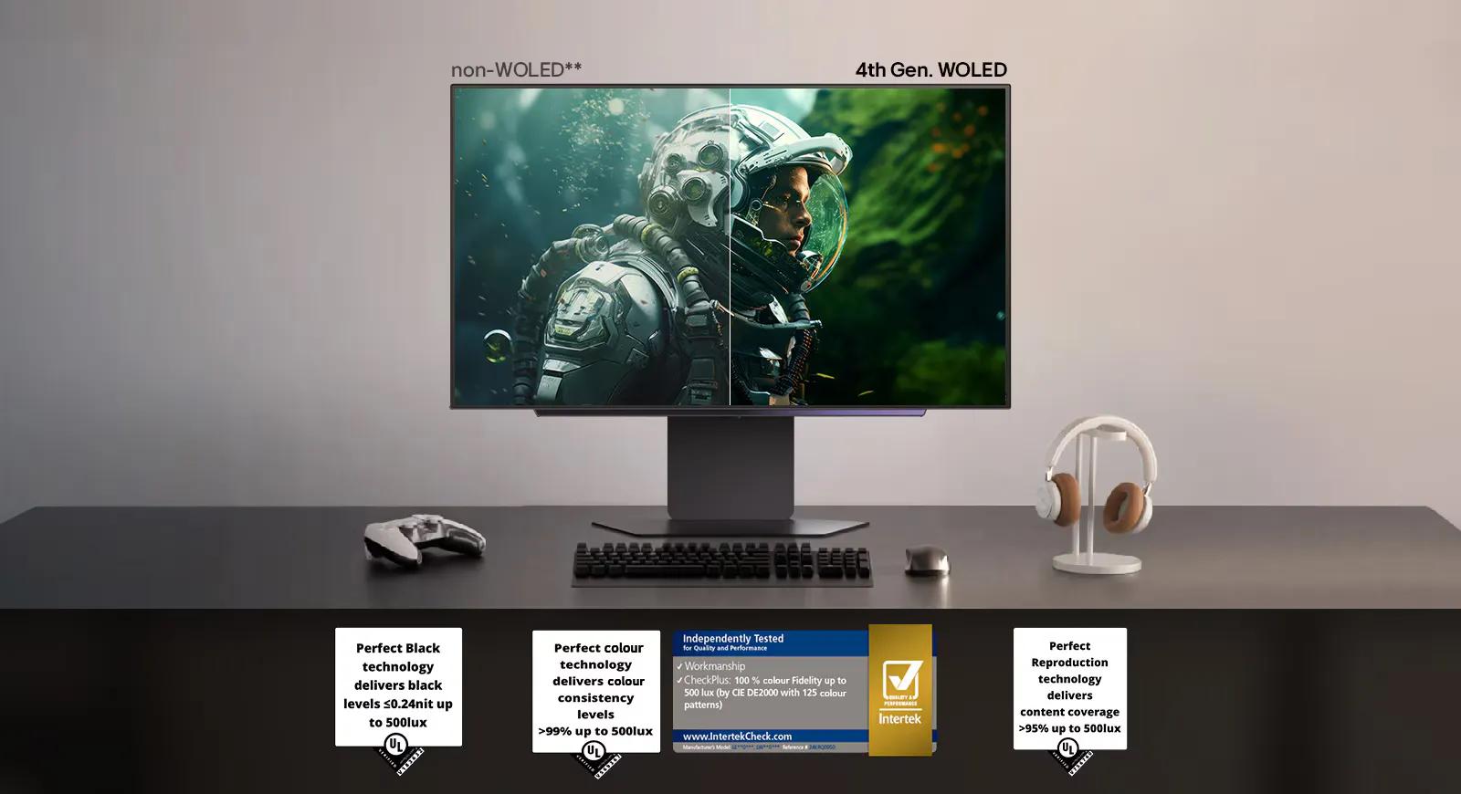 An LG UltraGear monitor on a desk compares non-WOLED with 4th Gen WOLED, showing a space explorer's face with deeper blacks and richer colors on the WOLED side, alongside certification badges for Perfect Black, Perfect Color, and Perfect Reproduction technologies.