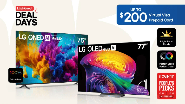 Life's Good. Deal Days -- LG QNED AI Mini LED 75" TV and LG OLED evo AI 77" TV on neutral background, with UP TO $200 Virtual Visa Prepaid Card offer; 100% Color Volume badge on QNED TV; World's #1 OLED TV For 13 Years badge on OLED TV; Bright Room Ready badge, Perfect Black Perfect Color badge, and CNET People's Picks 2026 #1 TV Brand badge visible on right.