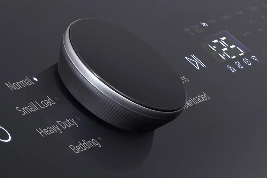 LG DLHC8402B Dryer control panel close-up showing cycle selector dial with Normal, Small Load, Heavy Duty, and Bedding options