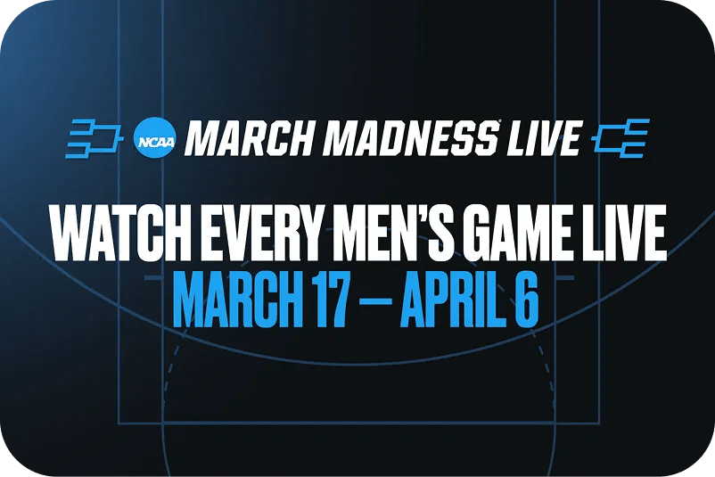 Graphic with NCAA March Madness Live branding and bold text reading “Watch Every Men’s Game Live March 17–April 6” on a dark basketball court background.