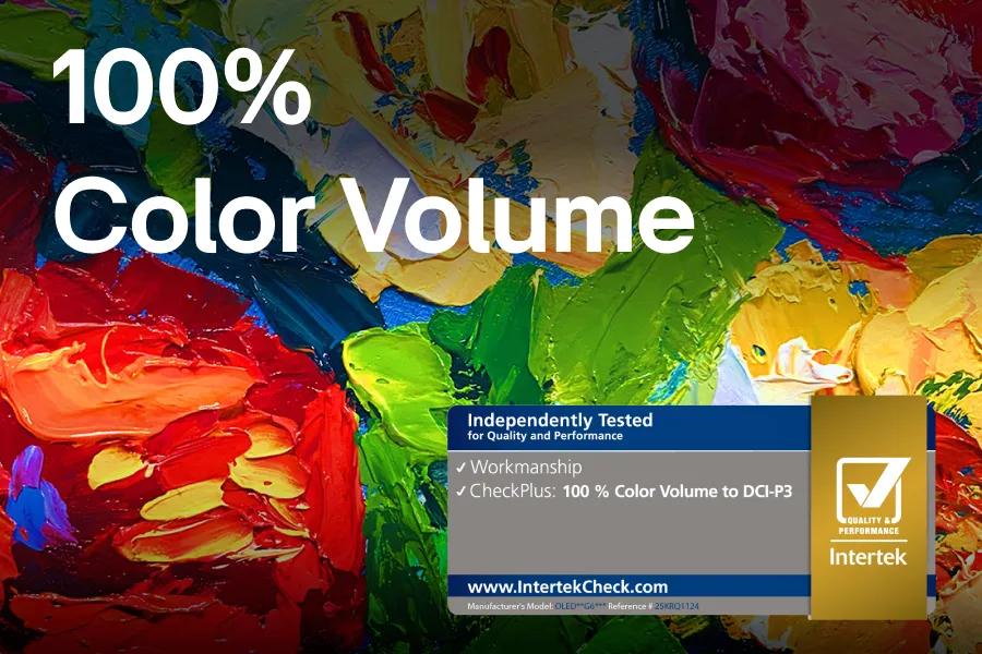 65LX7BPUA LG QNED TV 100% Color Volume feature with Intertek certification showing vibrant paint palette background