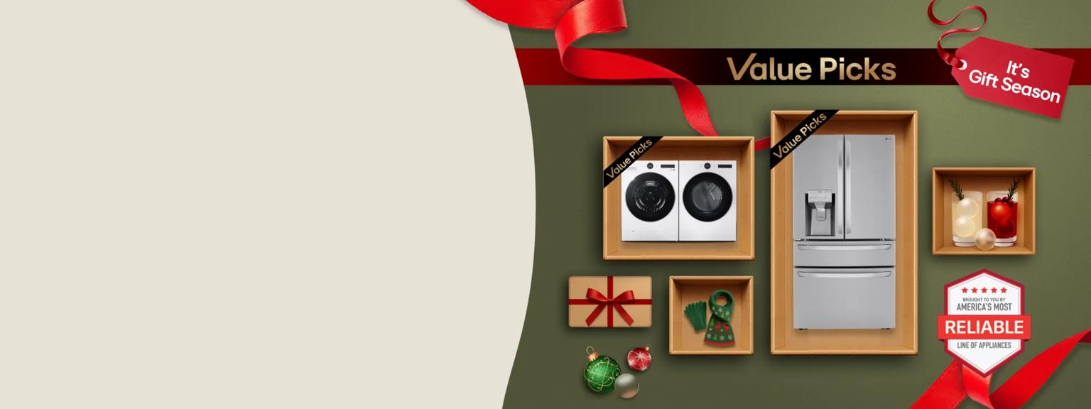 “It’s Gift Season” tag. “Value Picks” title badge. Various kitchen and laundry appliances and holiday-themed items appear in a gift box collage layout. “America’s Most Reliable Line of Home Appliances” badge.