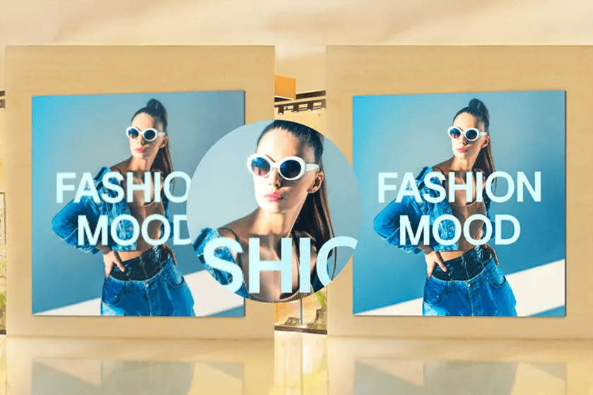 Two posters with a model in sunglasses and denim, text "FASHION MOOD."