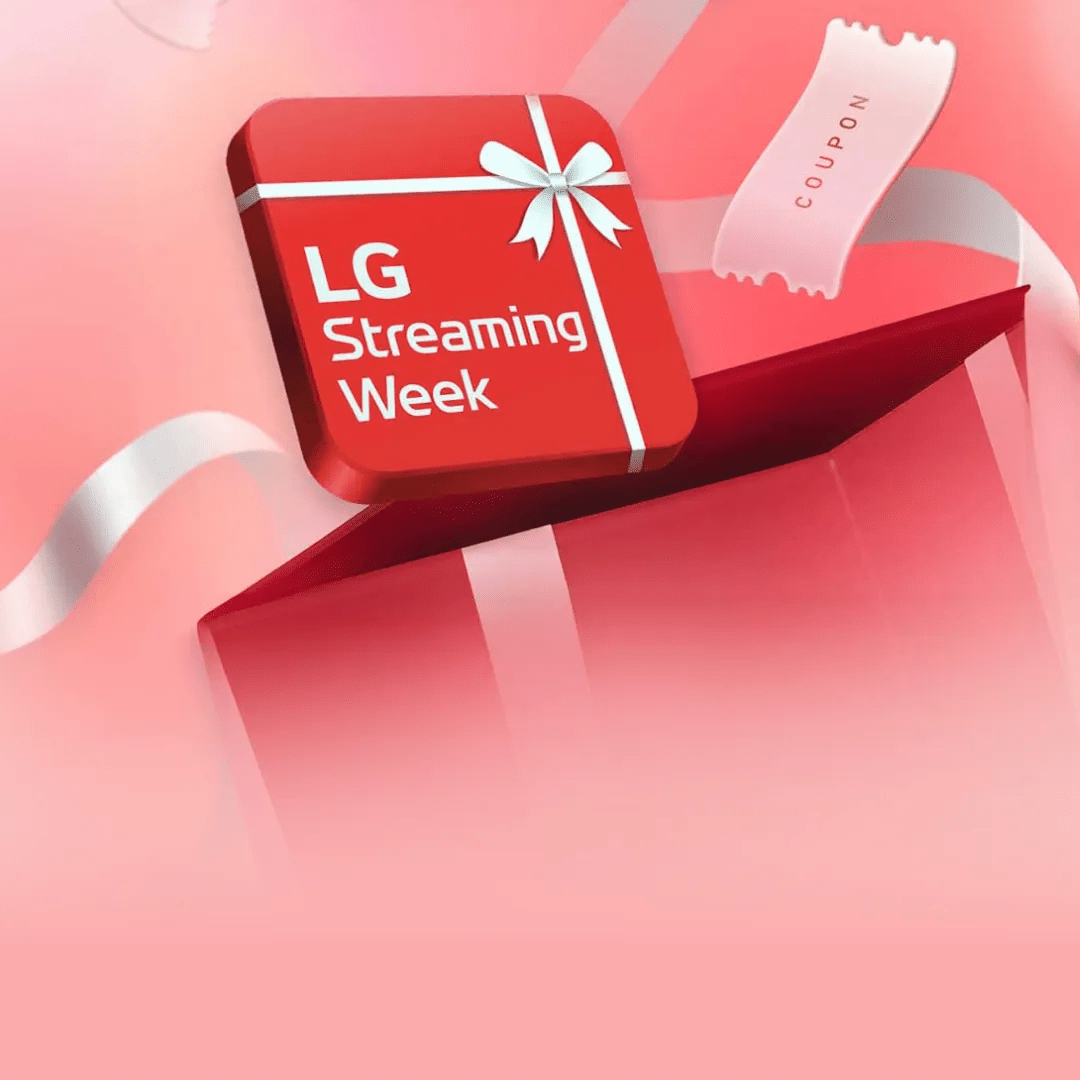 “LG Streaming Week” title appears on a gift box illustration on a red and pink background. A piece of ribbon reading “coupon” floats nearby. 