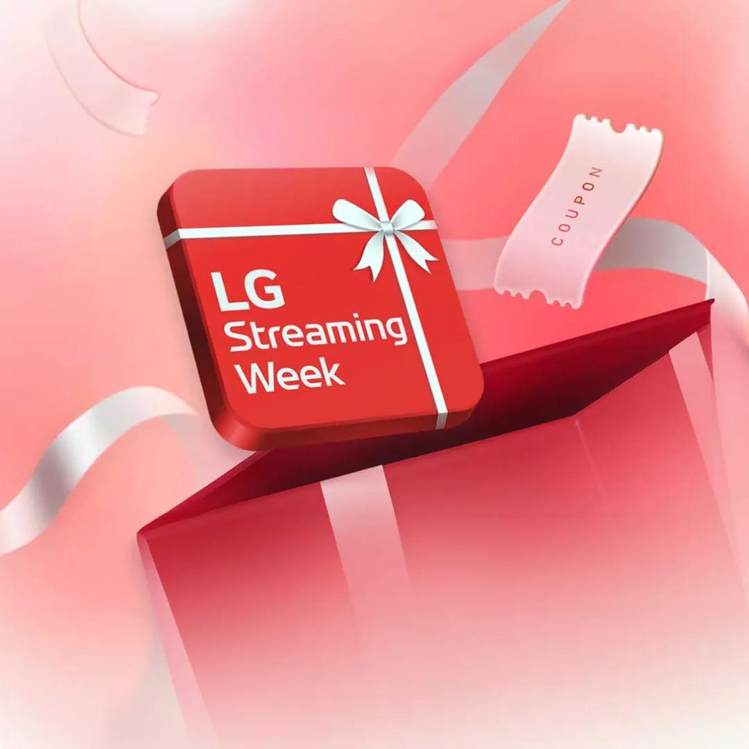 “LG Streaming Week” title appears on a gift box illustration on a red and pink background. A piece of ribbon reading “coupon” floats nearby. 
