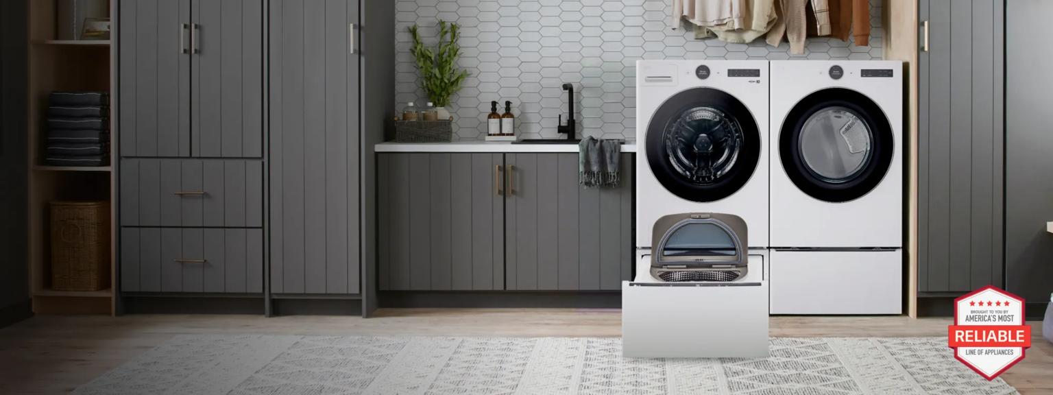 An LG Washer and Dryer appear in a stylish laundry room setting. “America’s Most Reliable Line of Home Appliances”.