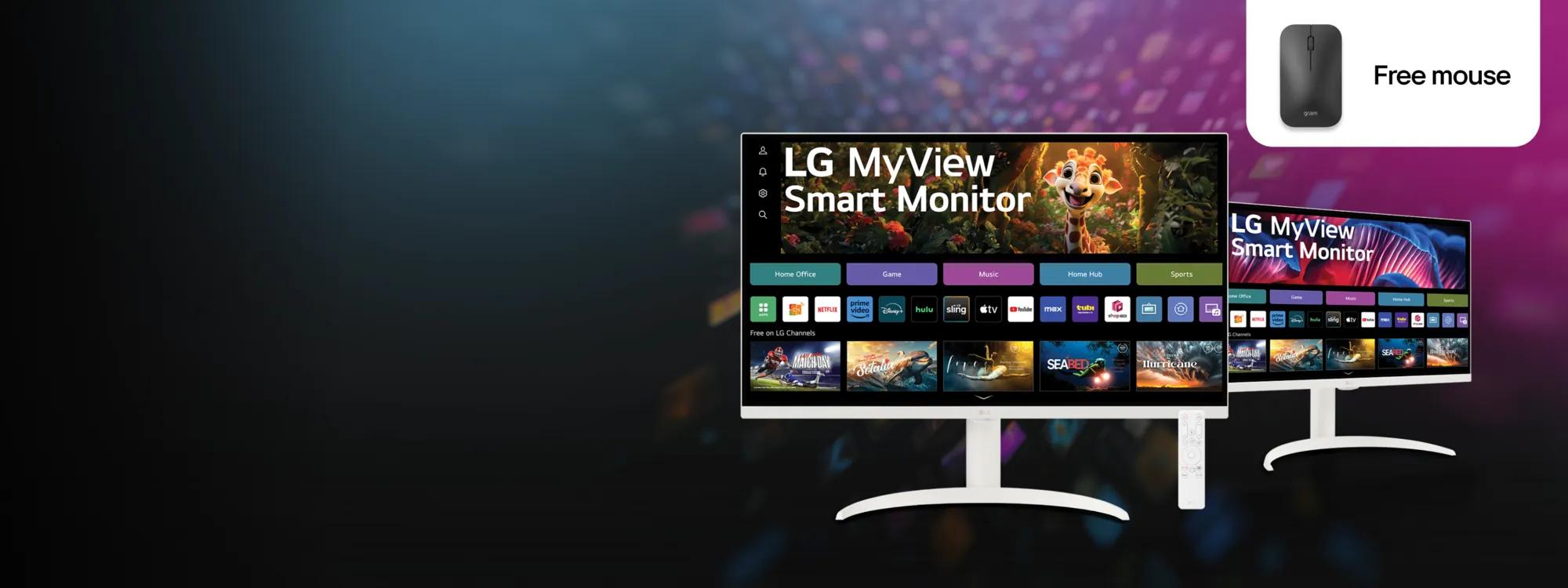 LG MyView Smart Monitor promotional image featuring two monitors displaying a smart interface with streaming apps and entertainment options, alongside a free LG Gram mouse offer in the top right corner.