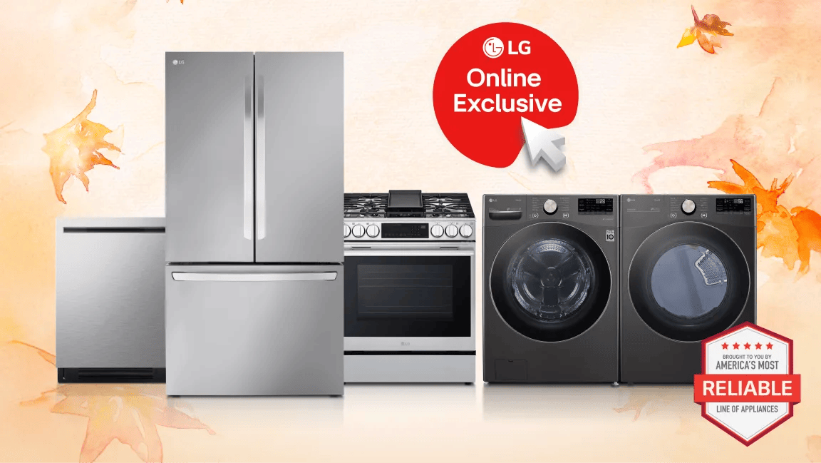 LG appliances lineup featuring a dishwasher, French door refrigerator, gas range, front-load washer, and front-load dryer against an autumn leaf backdrop with "LG Online Exclusive" badge and "brought to you by America's Most Reliable Line of Appliances" badge.
