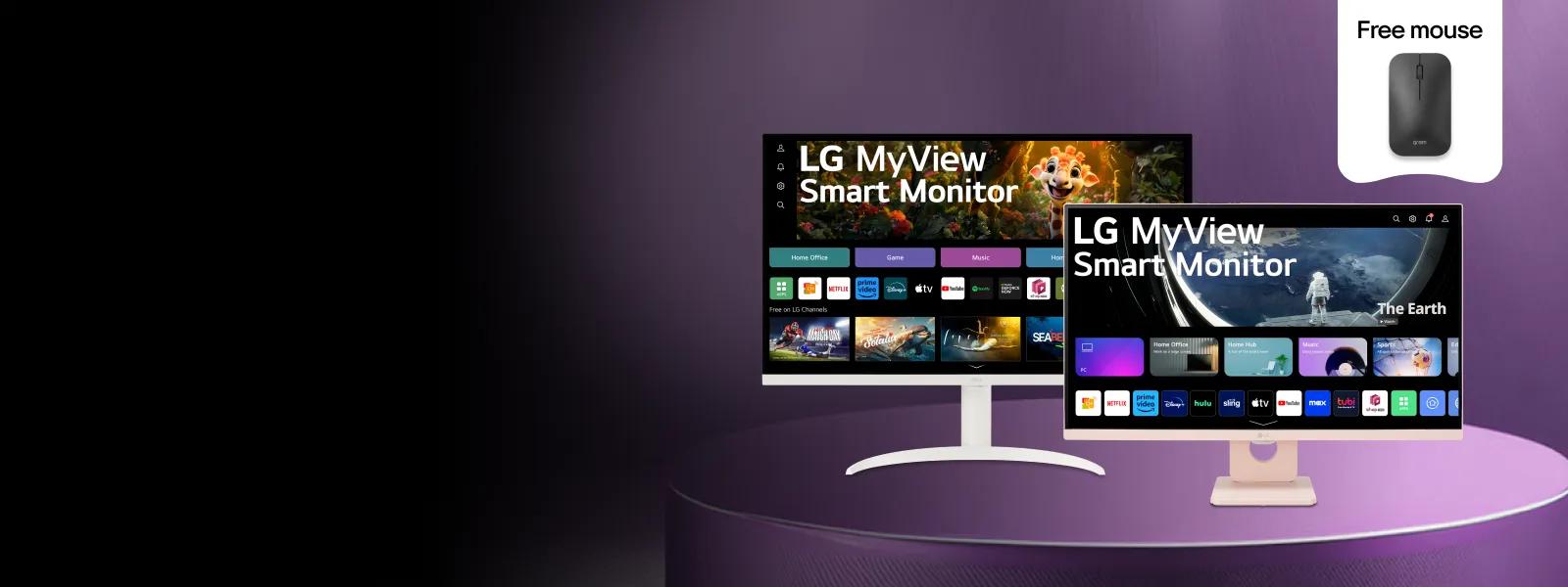 Two different size and stand LG MyView Smart Monitors displayed with Free Mouse in futuristic purple background.