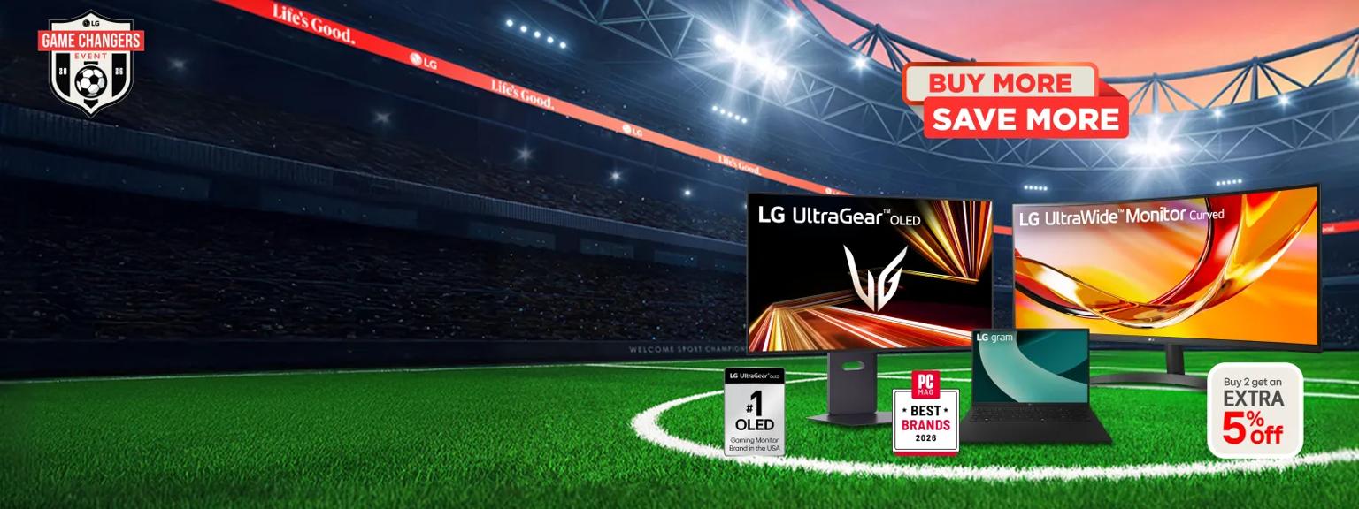“Buy More, Save More” badge. Various LG Laptops and Monitors appear in soccer stadium setting. “Game Changers Event 2026” badge. “Buy 2 get an extra 5% off” pop-out text. “LG UltraGear OLED: #1 OLED Gaming Monitor Brand in the USA” badge. “PC MAC Best Brands 2026” badge.