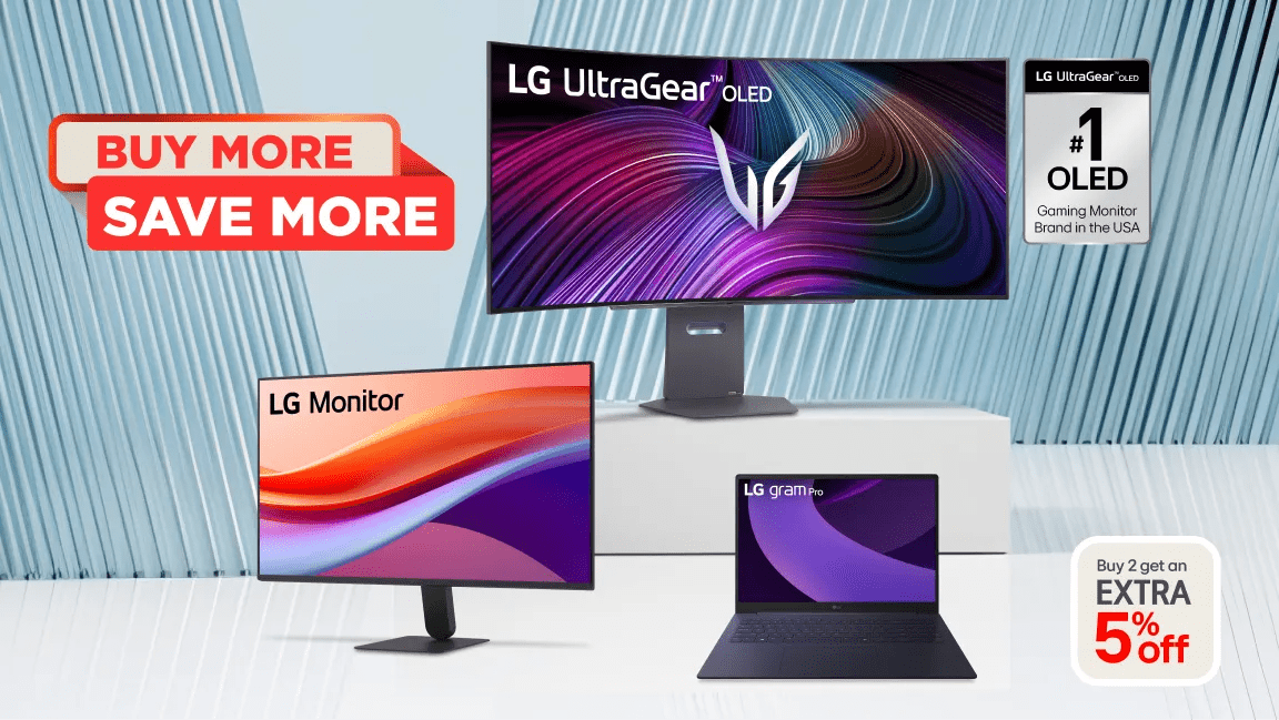 “Buy More, Save More” badge. Various LG Laptops and Monitors appear on a blue and white background. “LG UltraGear OLED: #1 OLED Gaming Monitor Brand in the USA” badge. “Buy 2 get an extra 5% off” pop-out text.
