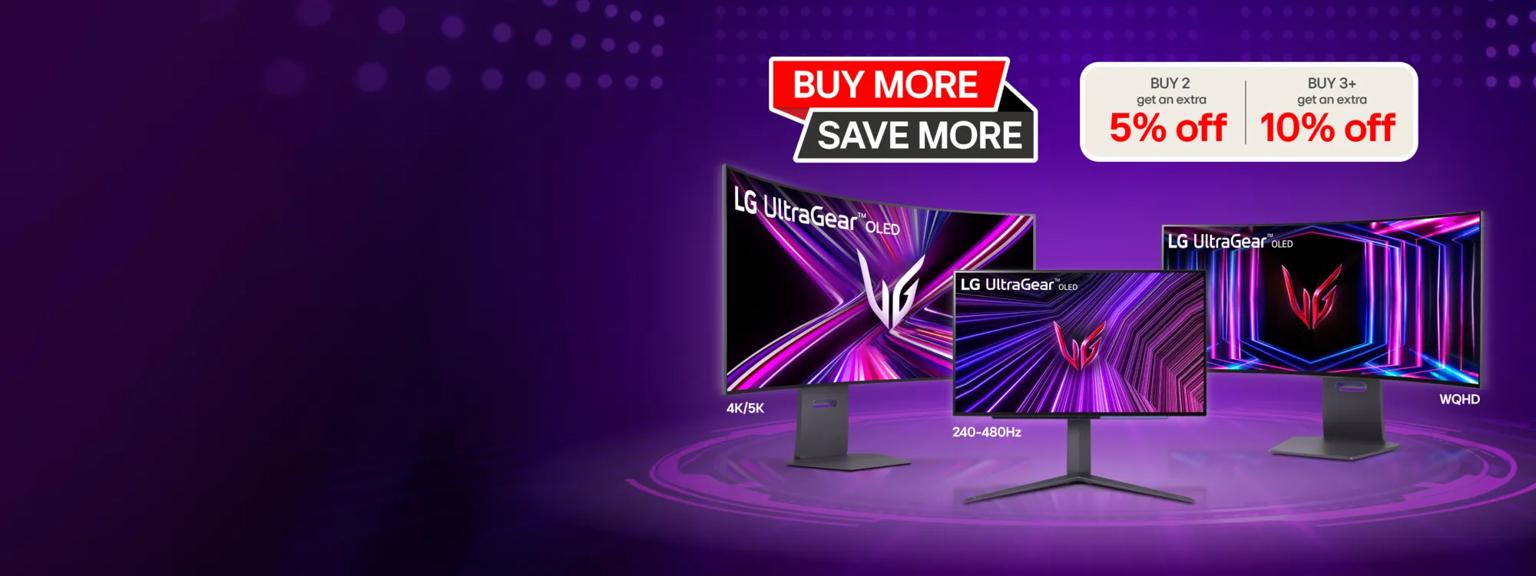 Promotional banner showcasing three LG UltraGear OLED gaming monitors with vibrant neon designs, offering extra discounts of 5% off when buying 2 and 10% off when buying 3 or more.