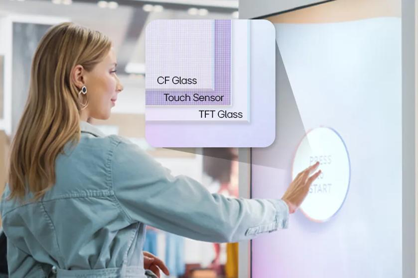 A woman uses an LG touch display. A pop-out bubble shows the layers of CF Glass, Touch Sensor, and TFT Glass that make up the screen.
