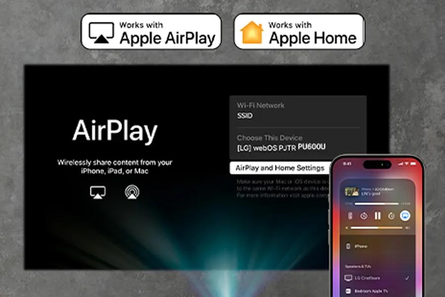 PU600U Projector screen sharing feature showing AirPlay and Apple Home compatibility with iPhone device selection interface