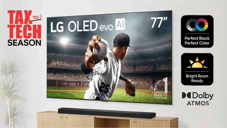“Tax to Tech Season” title badge. A baseball scene plays out on an LG OLED TV & Soundbar in a stylish living room setting. “Perfect Black, Perfect Color”, “Bright Room Ready” and “Dolby Atmos” badges.