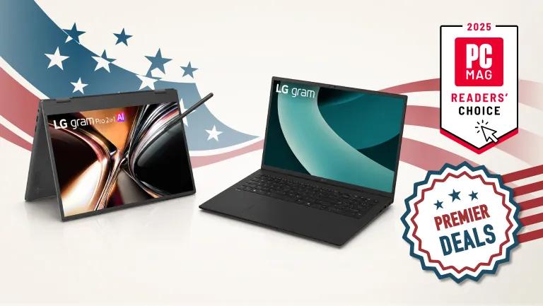 A group of LG laptops on a stars and stripes background. “Premier Deals” badge. “2025 PC Mag Readers' Choice” badge.