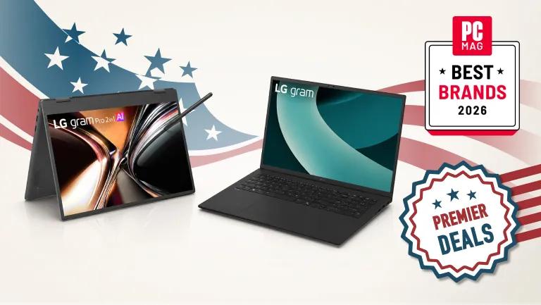 A group of LG laptops on a stars and stripes background. “Premier Deals” badge. “PC Mag Best Brands 2026” badge.