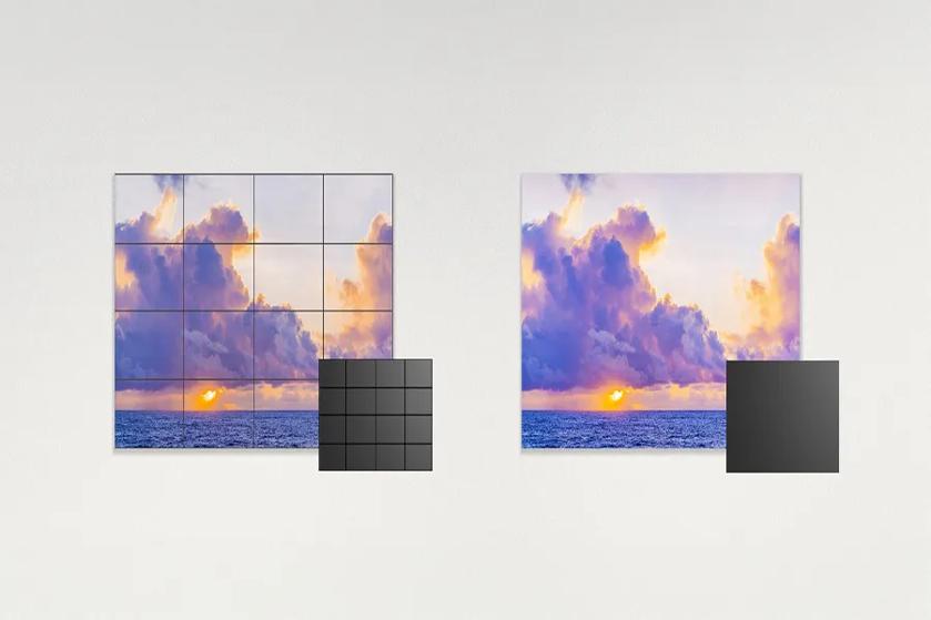 A split image of a sunset over the ocean, with one side divided into a grid and the other shown as a single image.