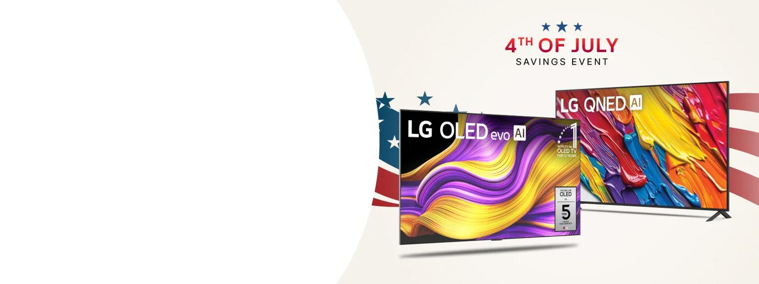 “4th of July Savings Event” title badge. A group of LG TVs on a stars and stripes background.
