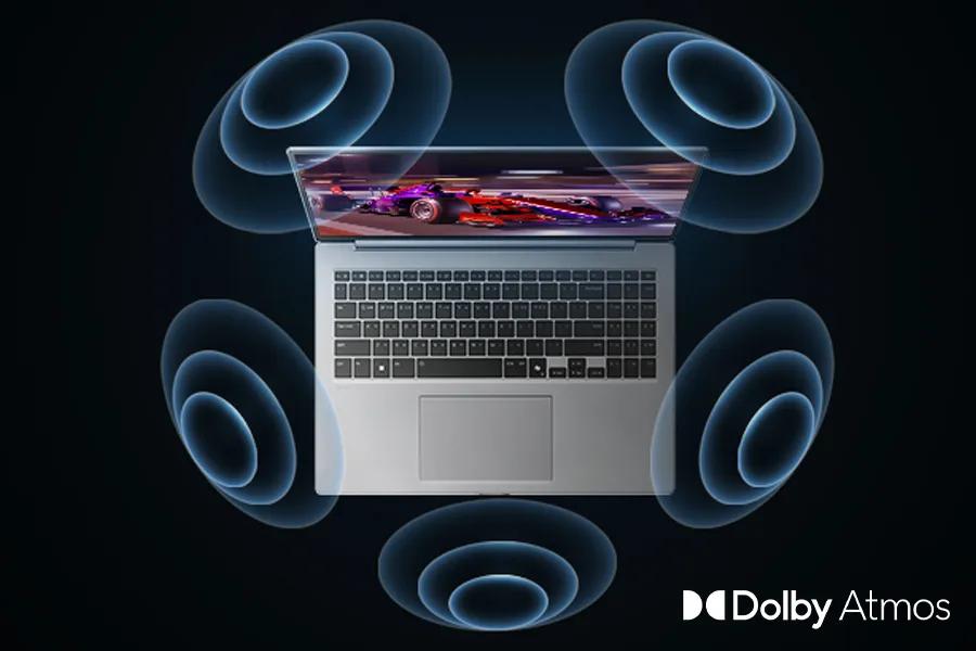 LG Gram 17Z90U-H.AU87U1 laptop with Dolby Atmos surround sound technology illustrated by blue sound waves emanating from all sides