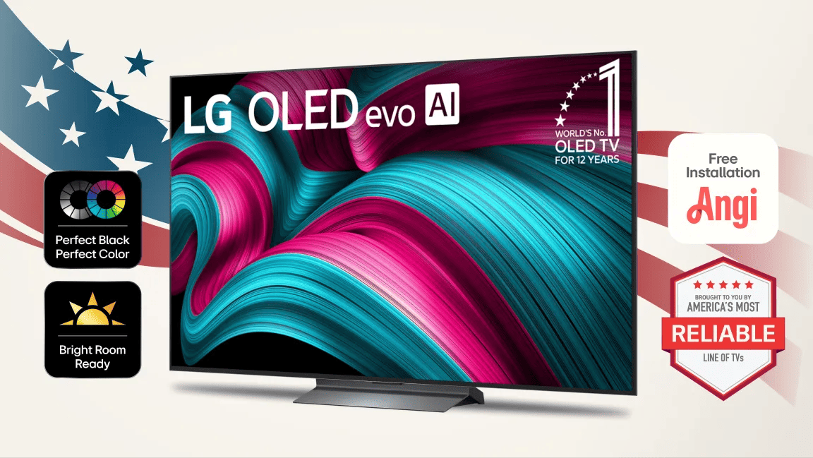 An LG OLED TV appears on a stars and stripes background. “Angi Free Installation”, “America’s Most Reliable line of TVs”, “Perfect Black, Perfect Color” and “Bright Room Ready” badges. 