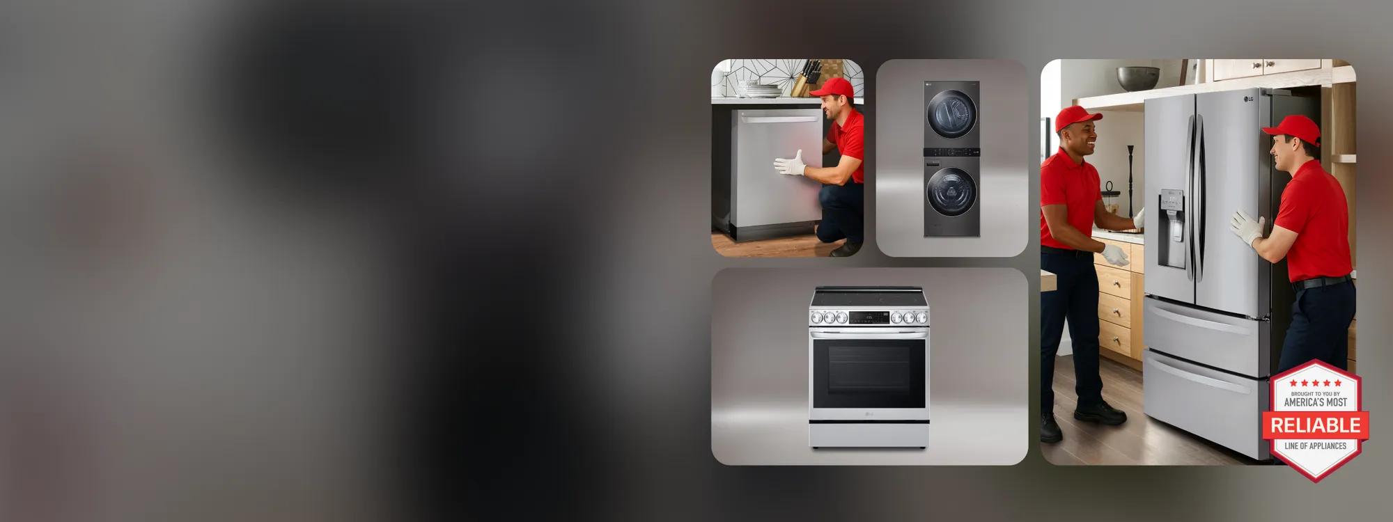 Home Appliance Installation Savings promotion featuring LG appliances being delivered and installed by technicians in red uniforms, including a dishwasher, LG WashTower, electric range, and French Door refrigerator, with brought to you by America's Most Reliable Line of Appliances badge.
