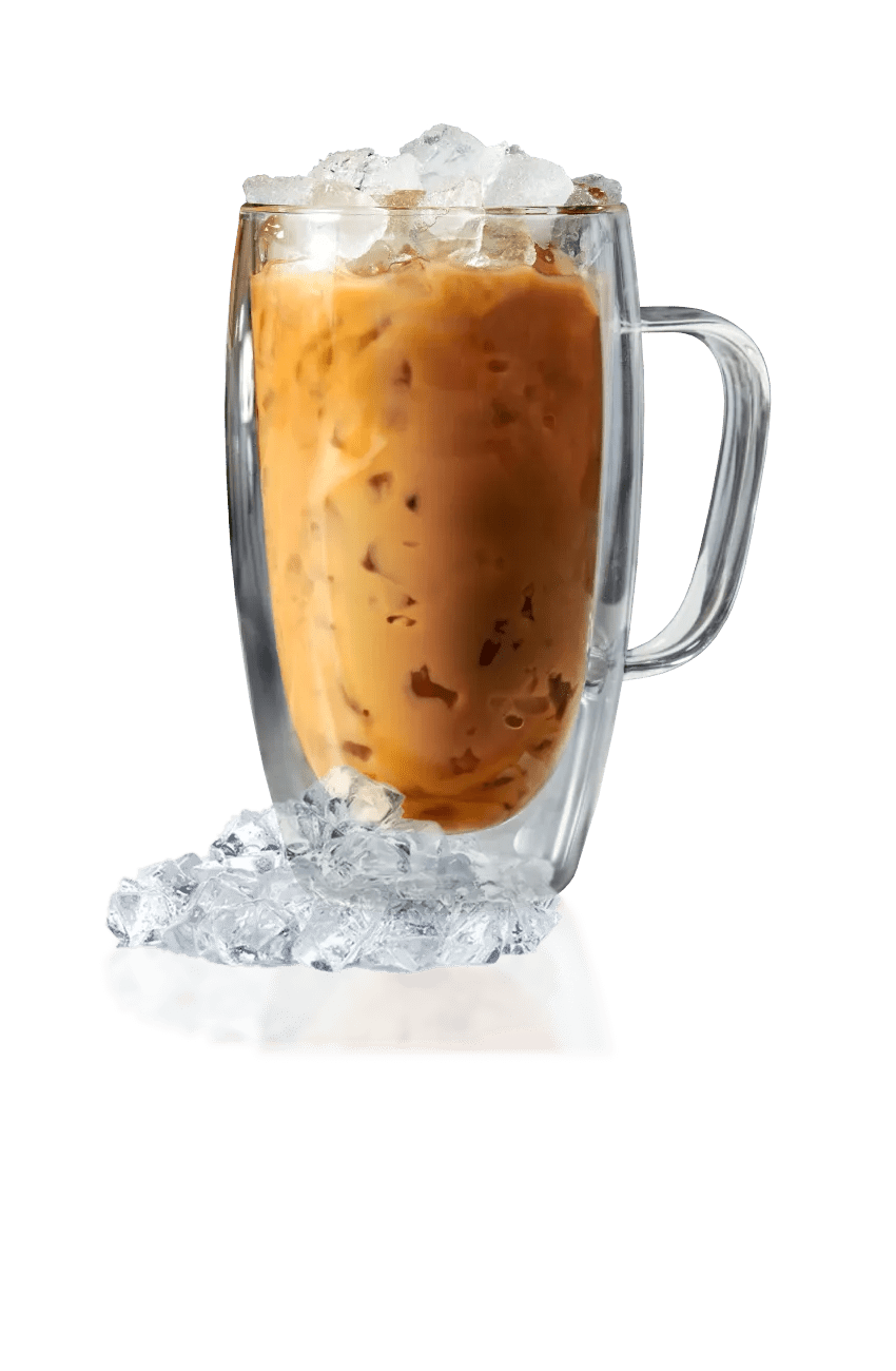 Iced coffee in a clear glass with crushed ice and a red straw.