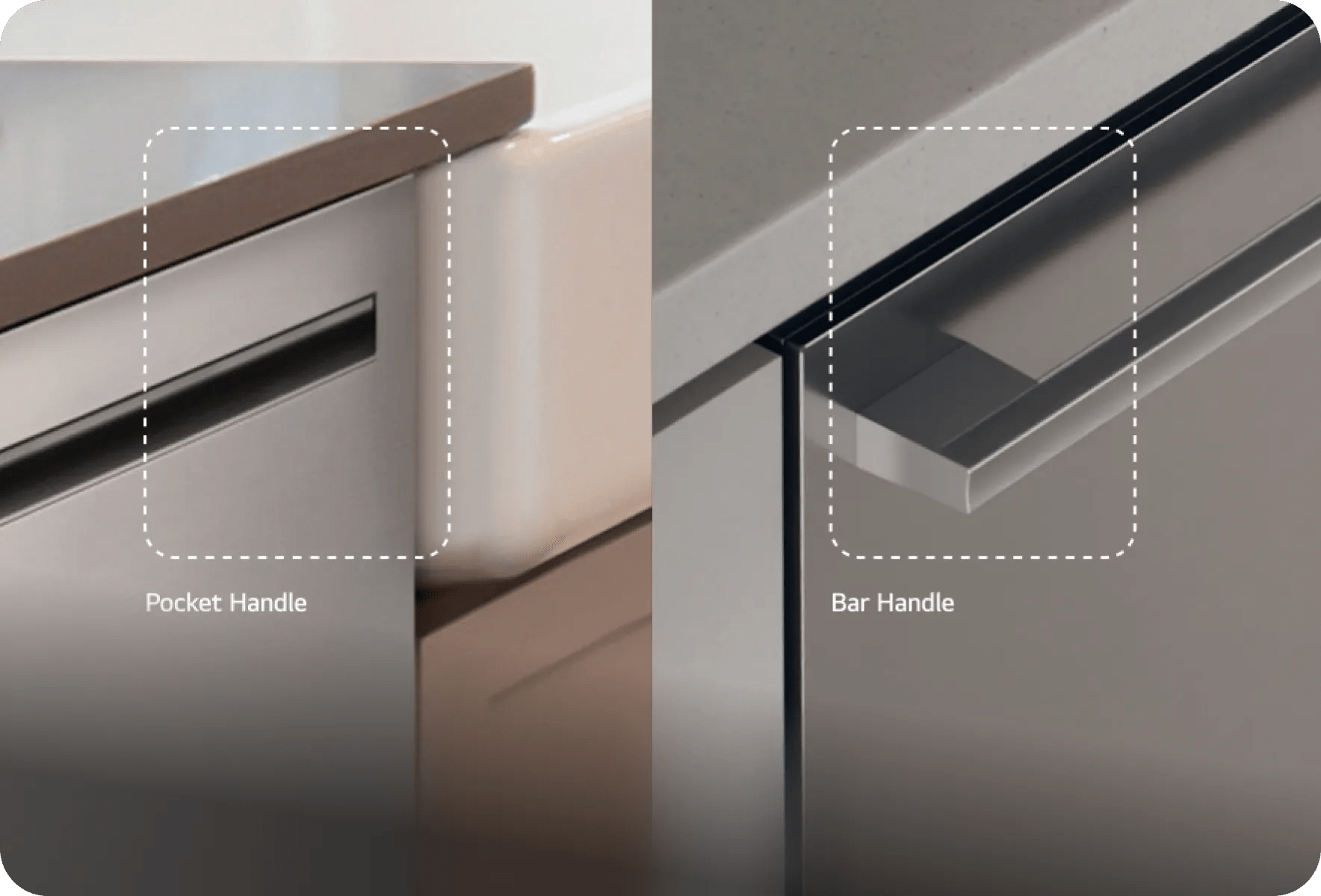 A side-by-side image shows the options of a pocket handle or a bar handle, highlighted by dotted white squares and labels.