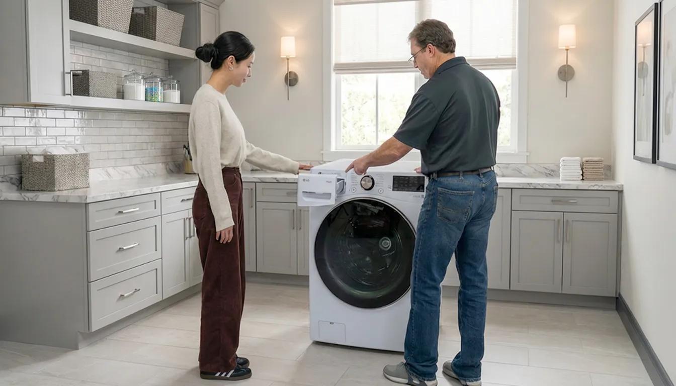 An LG technician pointing to the detergent drawer of a white front load LG washing machine while explaining its maintenance to a woman in a laundry room.