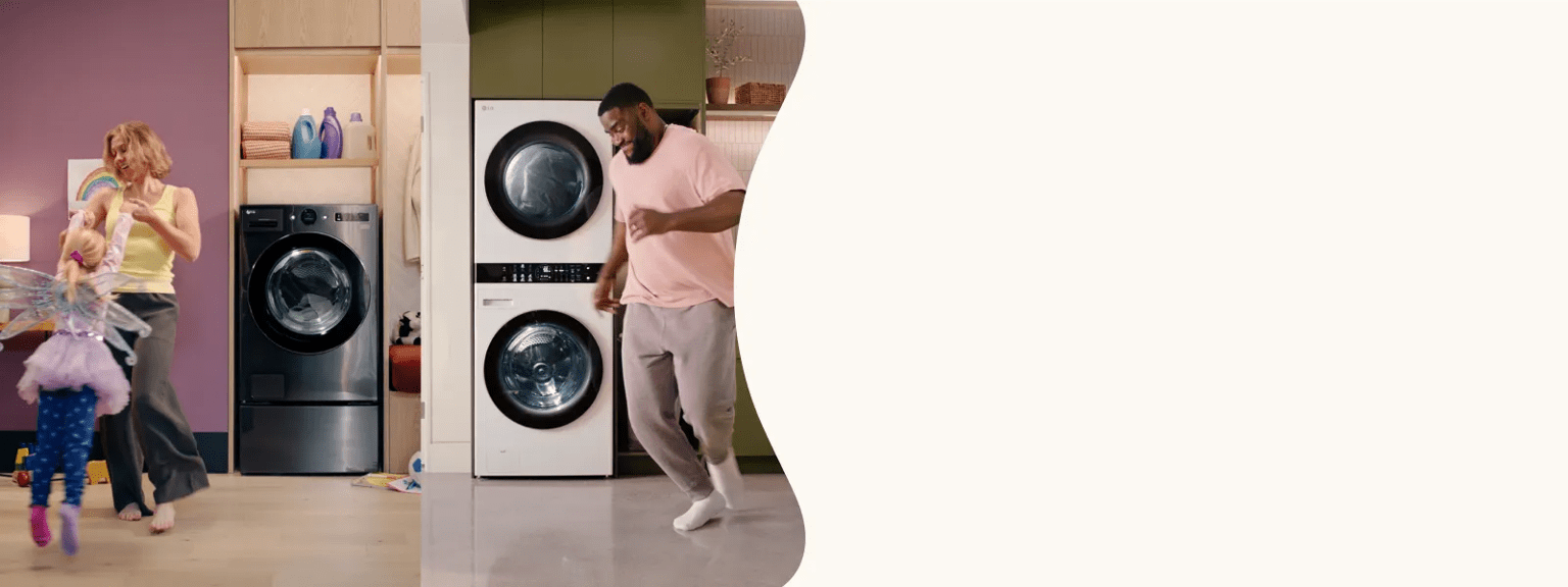 A split screen image - on one side,  a woman and her young daughter dance in their pink modern laundry room in front of a black stainless steel LG WashCombo. On the other side, a man dances in his green laundry room in front of a white LG WashTower
