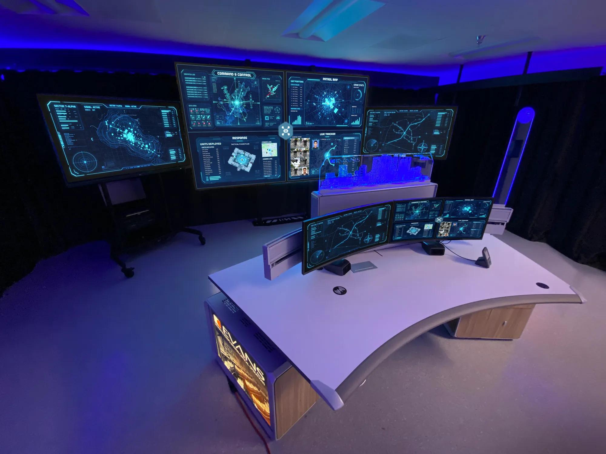 Alliance Fusion Center command and control showroom with multiple LG monitors displaying tactical mapping, patrol map, live tracker, and response dashboards across large wall-mounted and curved desk-mounted screens under blue ambient lighting.