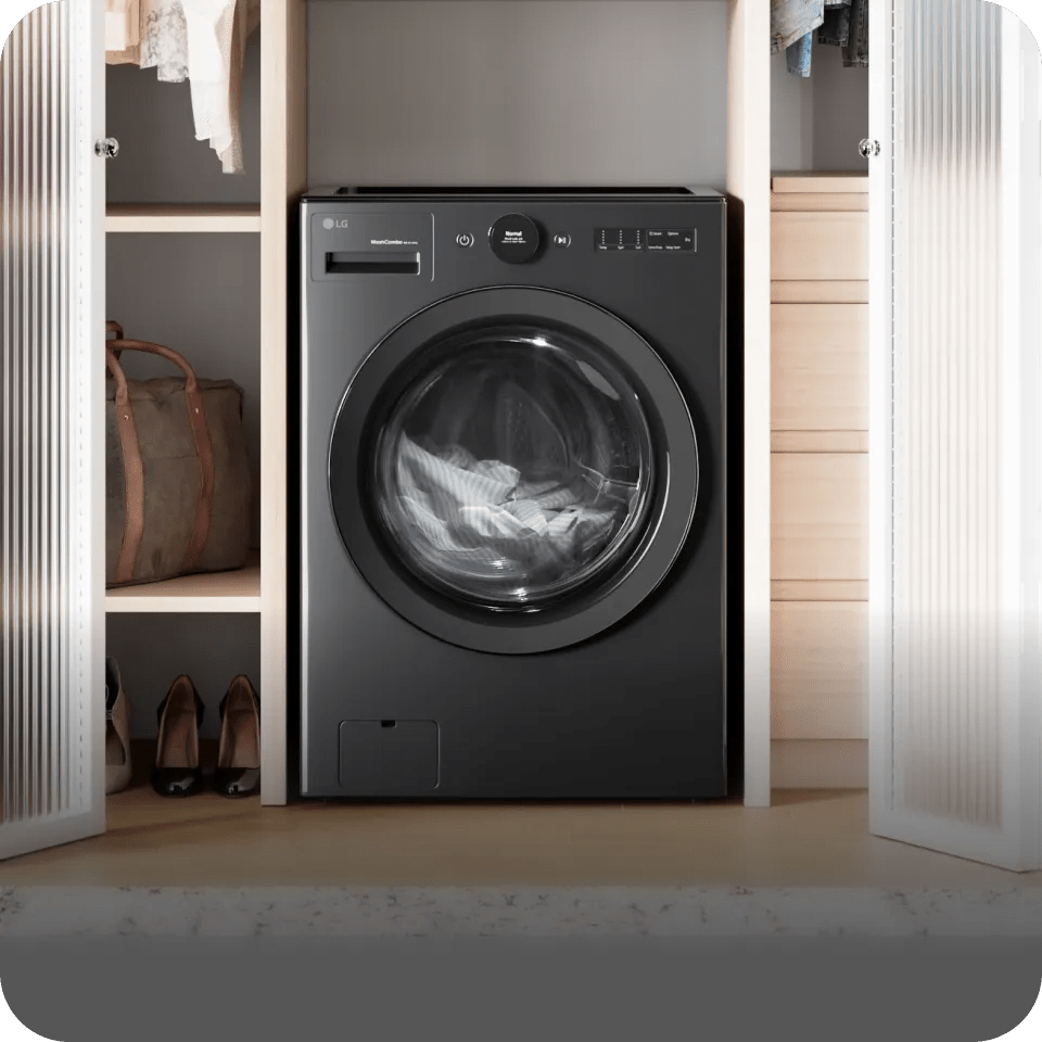 The LG WashCombo™ fits perfectly inside a crowded closet.