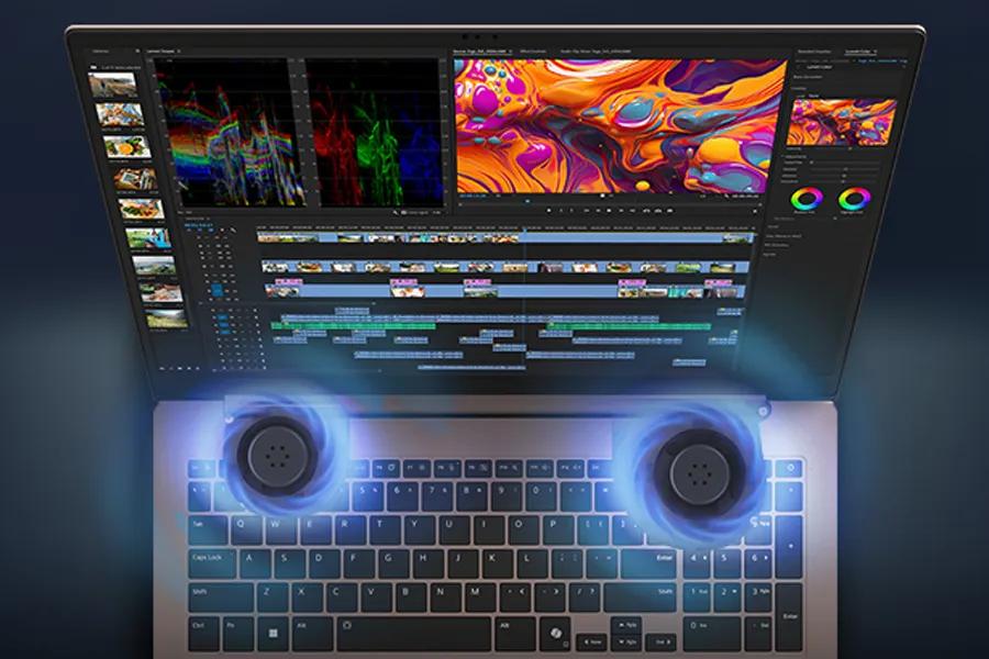 LG Gram 17Z90UB-H.AU75U3 laptop with dual cooling fans illuminated in blue light showing video editing software on screen