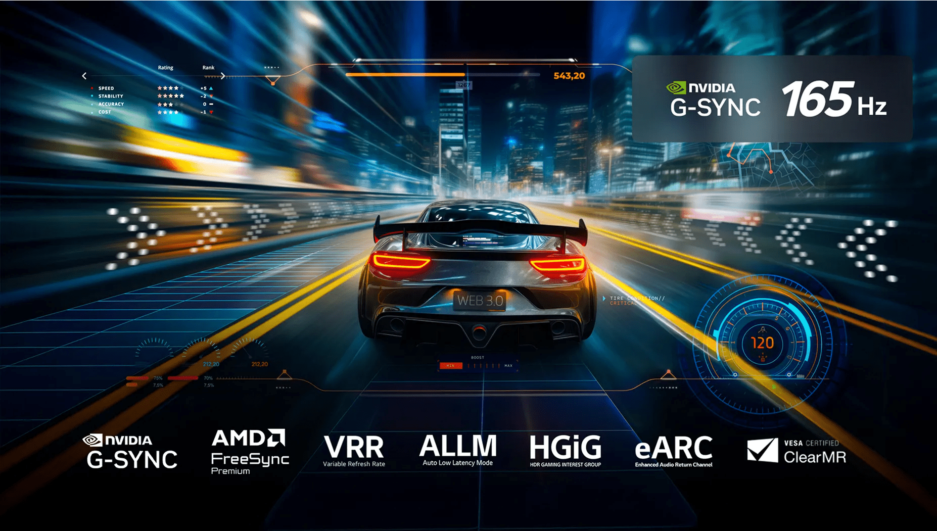 LG screen shows high-speed city racing game with G-Sync, 165Hz, VRR and other icons for features and certifications for ultra-smooth gaming.