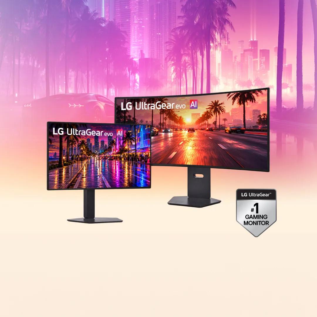 Two LG UltraGear evo AI gaming monitors, one flat and one curved, showing neon palm-lined city streets against a pink and purple skyline, with an LG UltraGear #1 Gaming Monitor badge.