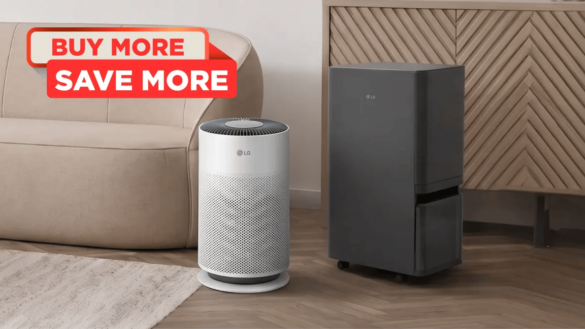 LG air purifier and LG air care unit displayed in a living room setting with "BUY MORE SAVE MORE" promotional banner.