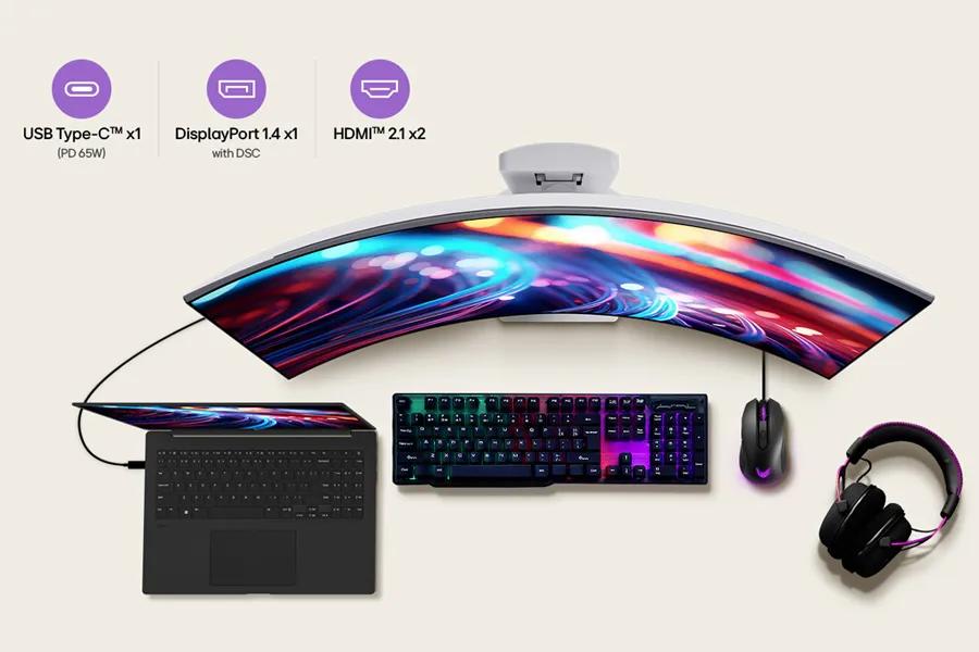 LG 34GX90SB-W UltraGear OLED Gaming Monitor connectivity features with USB Type-C, DisplayPort, and HDMI ports shown with laptop, keyboard, mouse, and headset