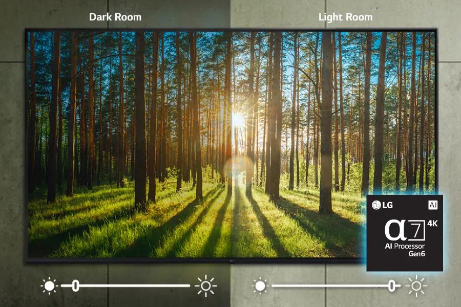 A split screen shows visual adjustments between a Dark Room verses a Light Room. Alpha7 AI Processor Gen6 processor chip.