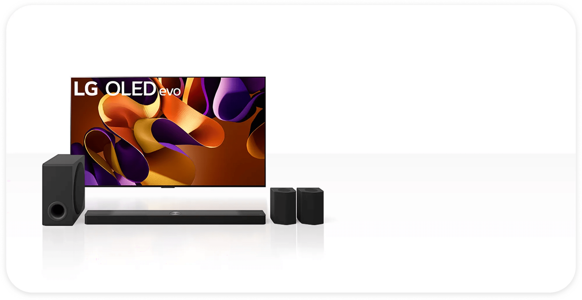 LG OLED evo TV showing an abstract yellow, gold and purple shape, with an LG soundbar, subwoofer, and two rear speakers on a white background.