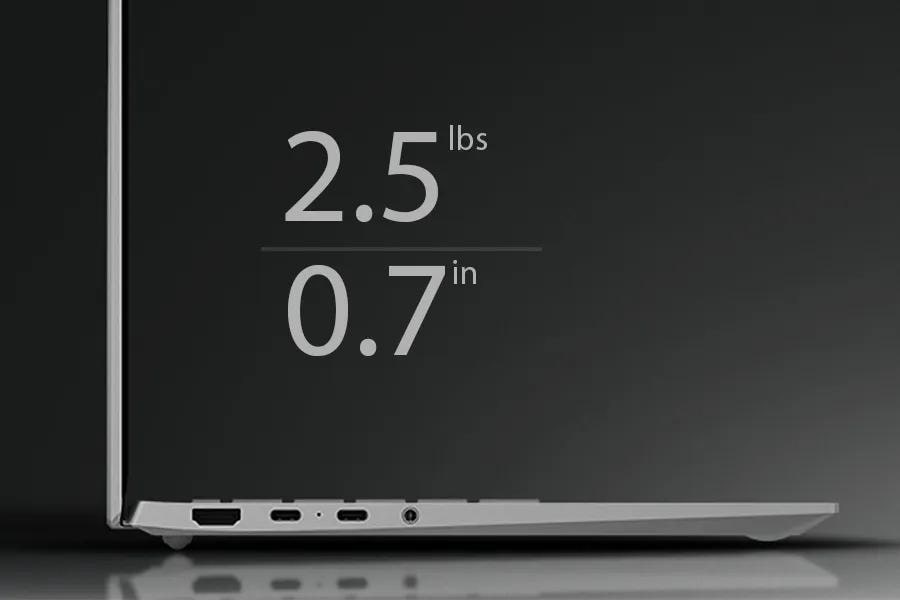 LG Gram 14Z90U-G_AU87U1 Laptop featuring incredibly light 2.5 lbs weight and ultra-thin 0.7 inch profile with side view of ports