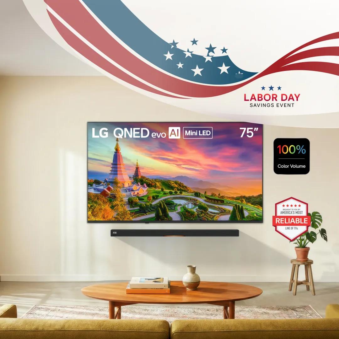 LG QNED evo AI Mini LED 75-Inch TV wall-mounted in a living room with a Soundbar below, displaying vibrant landscape content. Labor Day Savings Event. 100% Color Volume. Brought to you by America's Most Reliable Line of TVs badge.