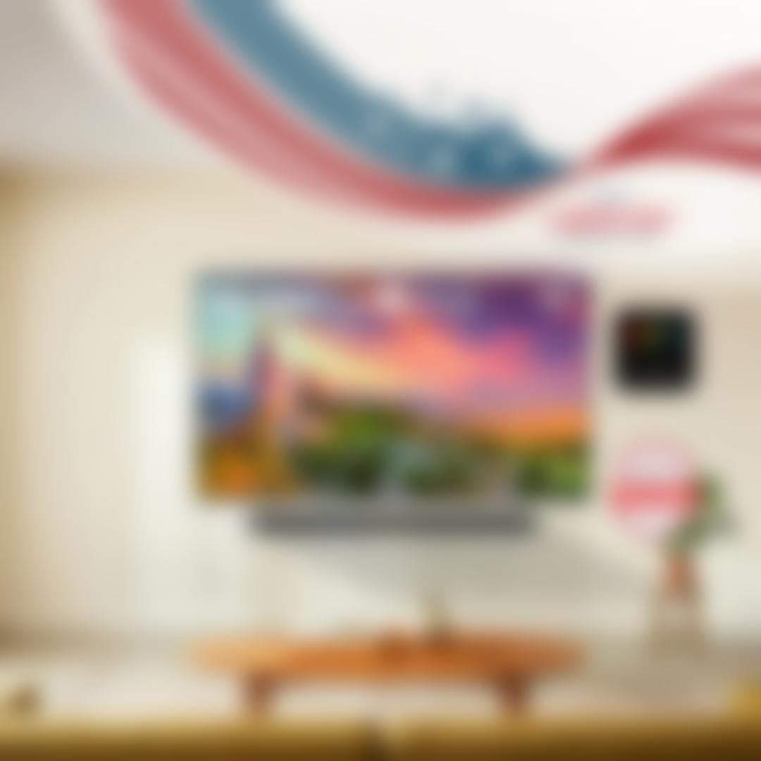 LG QNED evo AI Mini LED 75-Inch TV wall-mounted in a living room with a Soundbar below, displaying vibrant landscape content. Labor Day Savings Event. 100% Color Volume. Brought to you by America's Most Reliable Line of TVs badge.